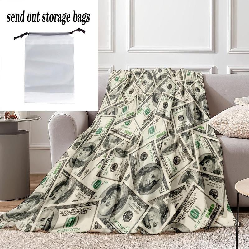 Money Pattern Flannel Blanket, 1 Count Soft Comfortable Throw Blanket, Creative Bedding Supplies for Living Room Guest House Travel Office, Bedroom Accessories