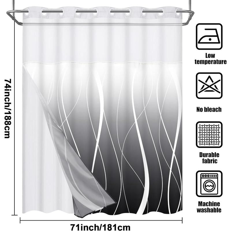 Alishomtll No Hook Shower Curtain with Snap in Liner, Modern Striped Hotel Shower Curtain and Liner Set, Ombre See through Shower Curtain with Window, Double Layer, Washable