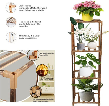 Wood Plant Stand Indoor, Tall Plant Shelf Flower Pot Stands Outdoor, Small Space Planter Stands Holder Shelves for Corner Living Room Garden (4 Pots)