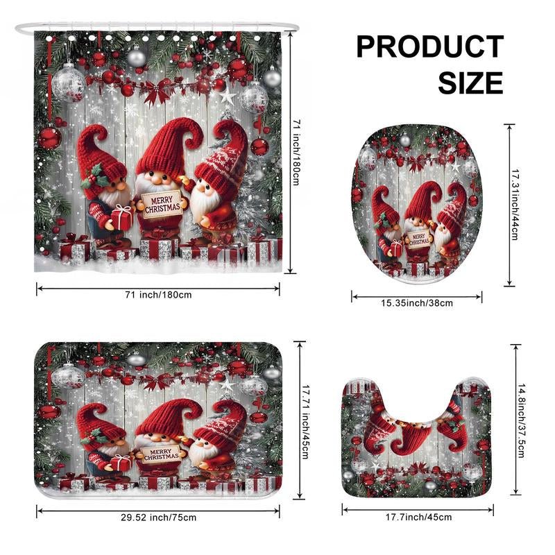 Christmas Themed Shower Curtain Set, 4 Counts/Set Including Shower Curtain & Bath Mat & Toilet Mat & Cover Mat, Bathroom Decoration Supplies