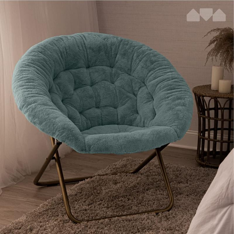 Ersa Oversize Folding Saucer Chair - Ivory Sherpa Faux Fur Moon Chair - Soft Gold Metal Frame - 38" Portable Folding Chair - for Dorm and Bedroom