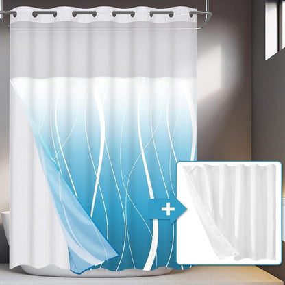 Alishomtll No Hook Shower Curtain with Snap in Liner, Modern Striped Hotel Shower Curtain and Liner Set, Ombre See through Shower Curtain with Window, Double Layer, Washable