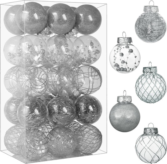 Clear Christmas Ball Ornaments, 30Ct Shatterproof Xmas Ball Decorations for Christmas Tree 2.36 Inch Silver Hanging Decorative Baubles Set with Dedicated Stuff for Christmas Wedding Party