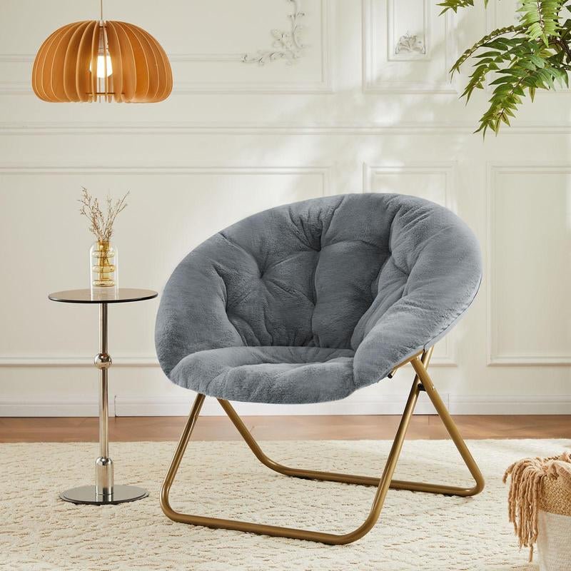 Ersa Oversize Folding Saucer Chair - Ivory Sherpa Faux Fur Moon Chair - Soft Gold Metal Frame - 38" Portable Folding Chair - for Dorm and Bedroom