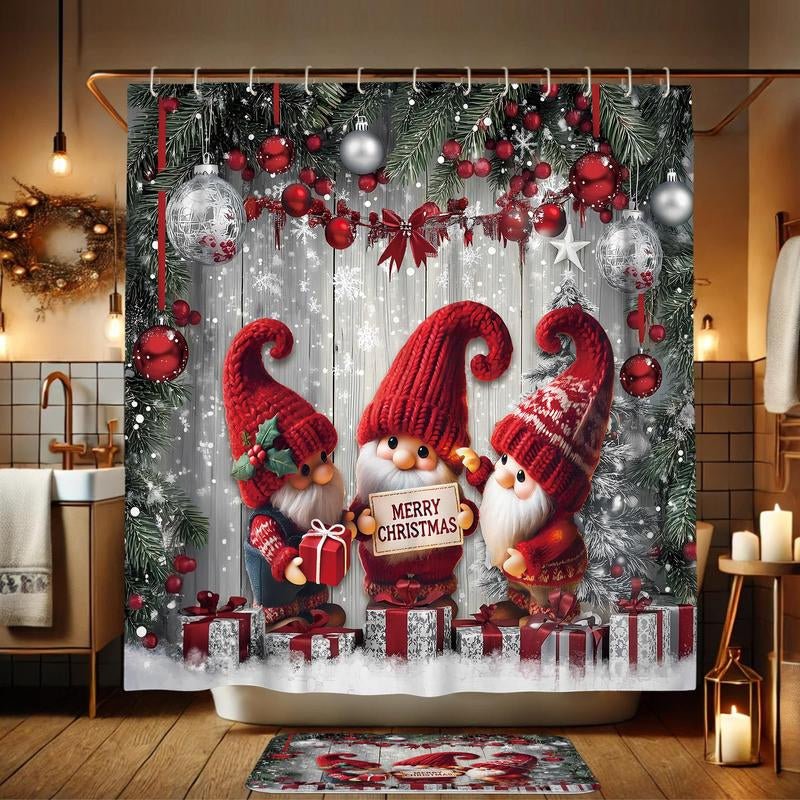 Christmas Themed Shower Curtain Set, 4 Counts/Set Including Shower Curtain & Bath Mat & Toilet Mat & Cover Mat, Bathroom Decoration Supplies