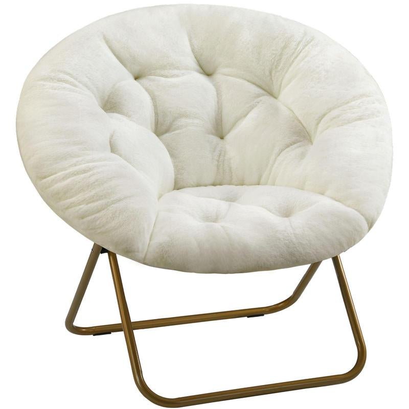 Ersa Oversize Folding Saucer Chair - Ivory Sherpa Faux Fur Moon Chair - Soft Gold Metal Frame - 38" Portable Folding Chair - for Dorm and Bedroom