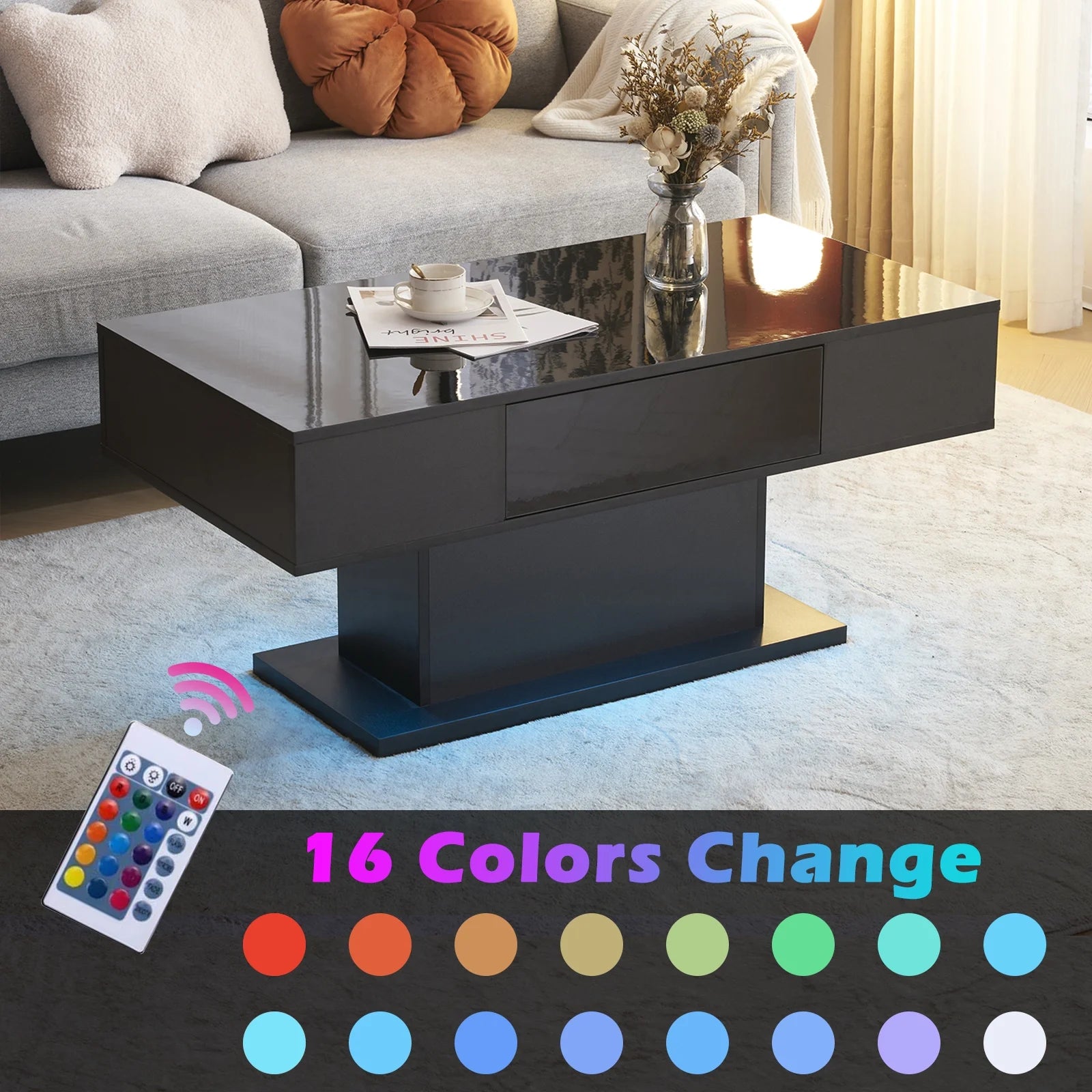 LED Coffee Table with 1 Drawers, High Gloss Cocktail Table Accent Furniture for Living Room 43.3" Black