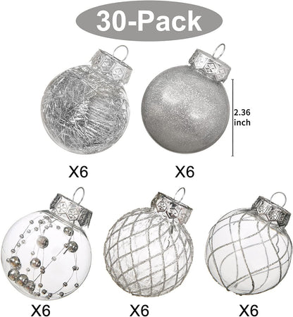 Clear Christmas Ball Ornaments, 30Ct Shatterproof Xmas Ball Decorations for Christmas Tree 2.36 Inch Silver Hanging Decorative Baubles Set with Dedicated Stuff for Christmas Wedding Party