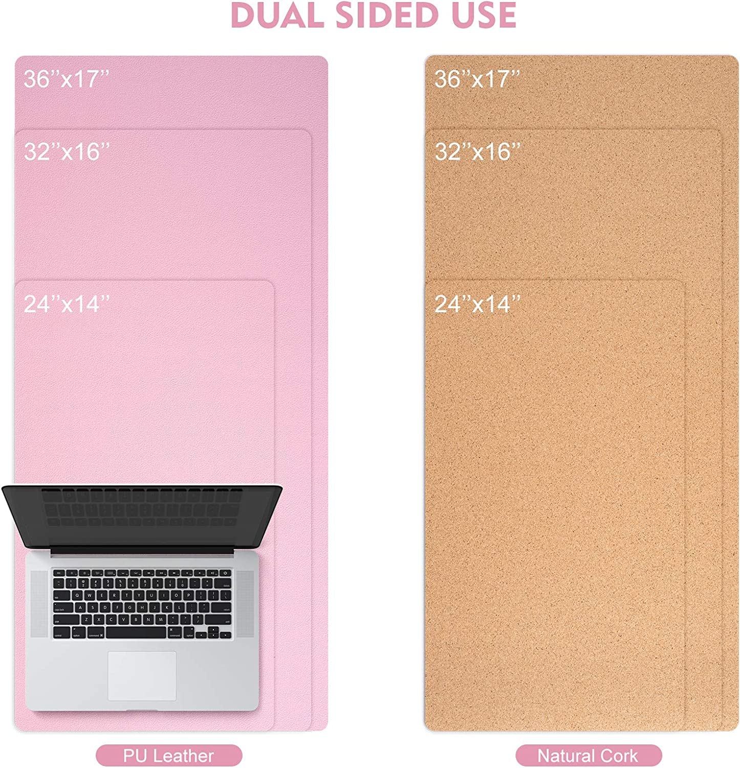 Large Pink Natural Cork & Leather Desk Pad, 36" X 17" Double-Sided Desk Protector, Smooth Surface Mouse Pad, Waterproof Desk Mat for Office/Home/Gaming (36" X 17" Light Pink)