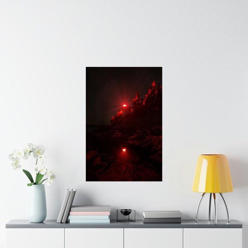 Glowing Lighthouse Matte Vertical Posters, Night, Stars, Ocean, Waves, Dark, Glow, Lighthouse, Rocks, Pine Trees, Nature, Adventure