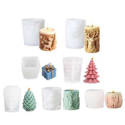 New Christmas Tree Carving Pattern Cylindrical Candle 3D Silicone Mold Reindeer Snowflake Cylindrical Elk Candle Mold