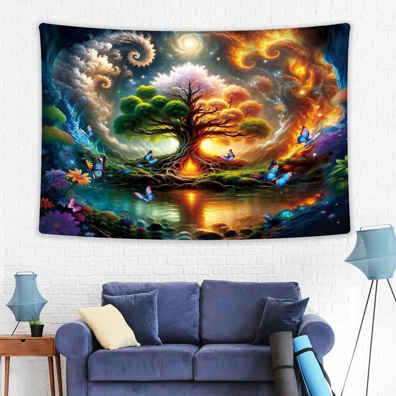 Butterfly & Tree Pattern Tapestry, Wall Hanging Decor, Wall Art Decor for Home Living Room Bedroom