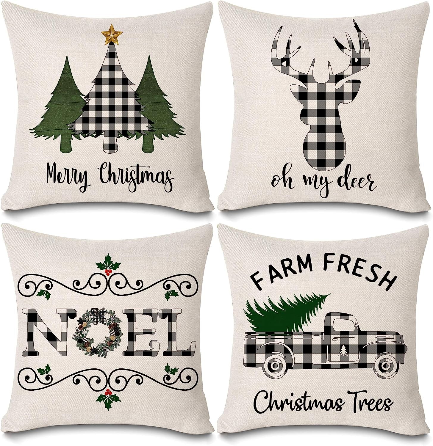 Christmas Buffalo Plaids Deer Christmas Tree Farmhouse Truck Noel Pillow Cover Throw Pillow Case Cushion Cover 16" X 16" Set of 4 Christmas Decorations (4 Pack Christmas Plaids)