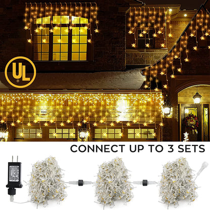 Christmas Lights Outdoor 400 LED 33Ft 8 Modes Christmas Decorations Indoor Curtain Fairy String Light with 75 Drops Stars, Curtain String Light for Christmas Lights Clearance Decor House Window Home