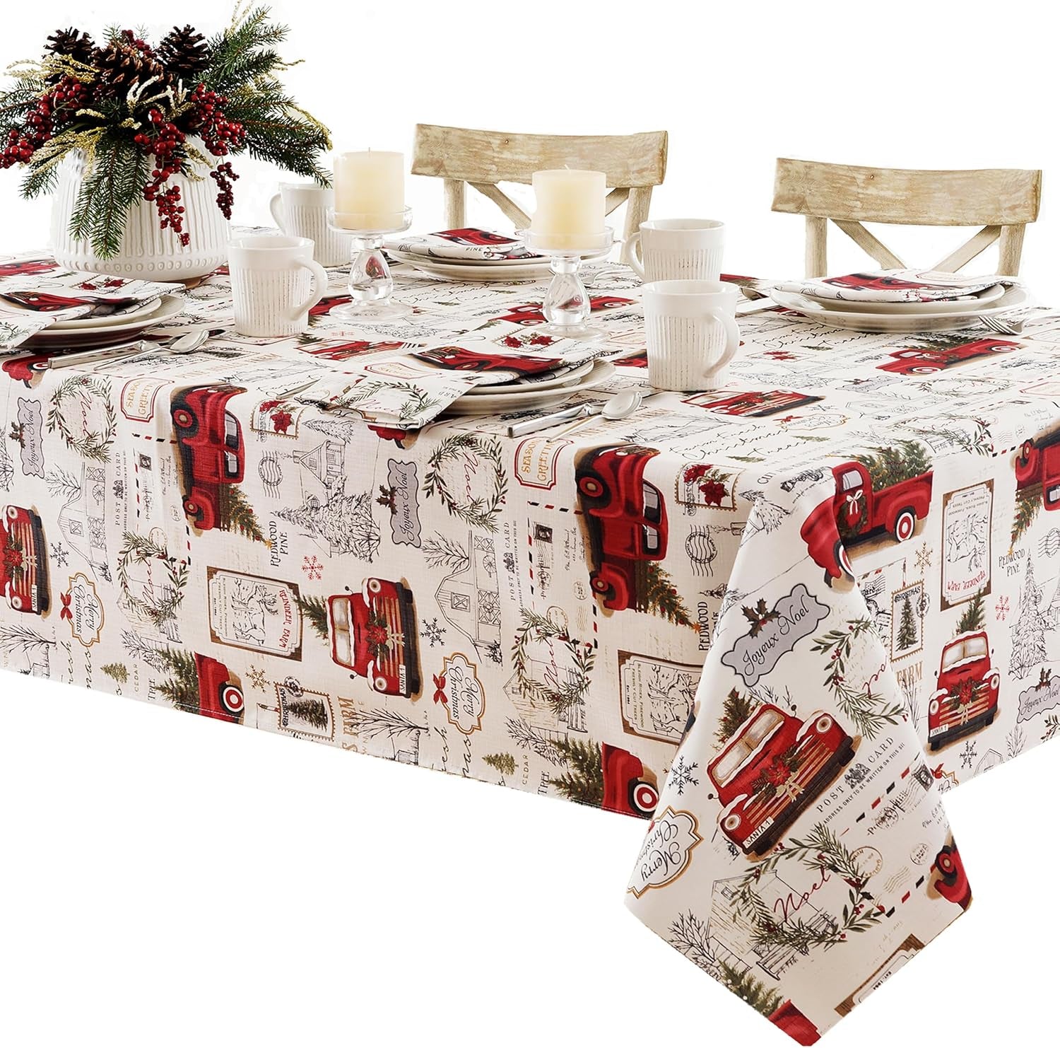 Christmas Pine Hill Tree Farm 52 X 70 Inch Rectangle Fabric Tablecloth, Nostalgic Retro Holiday Country Farm Truck No Iron and Stain Resistant Table Cover for Party, Banquet and Buffet