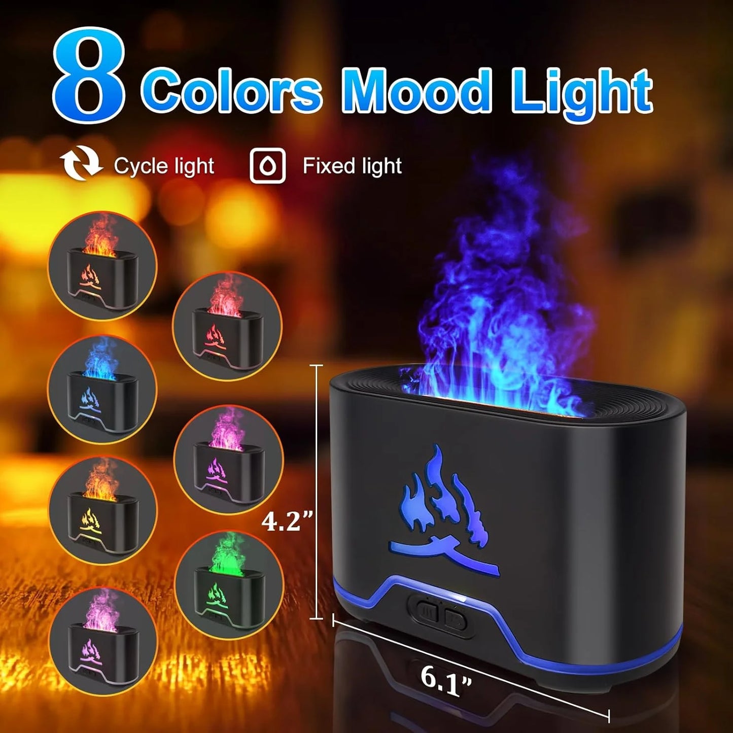 Flame Essential Oil Diffuser, Cool Mist, 300Ml, Auto-Off, with Timer & 8 Color