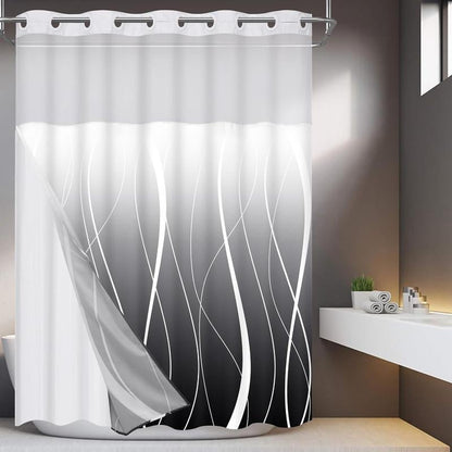 Alishomtll No Hook Shower Curtain with Snap in Liner, Modern Striped Hotel Shower Curtain and Liner Set, Ombre See through Shower Curtain with Window, Double Layer, Washable