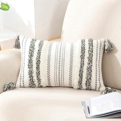 Christmas Decorative Boho Throw Pillow Cover 12X20, Lumbar Accent Neutral Tufted Pillow Cover for Couch Bed Sofa, Textured Striped Woven Pillow Cover, Green and Cream White, Pack of 1