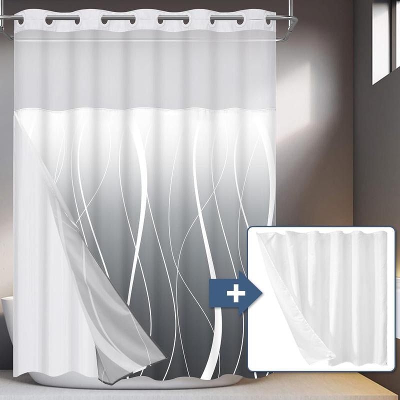 Alishomtll No Hook Shower Curtain with Snap in Liner, Modern Striped Hotel Shower Curtain and Liner Set, Ombre See through Shower Curtain with Window, Double Layer, Washable