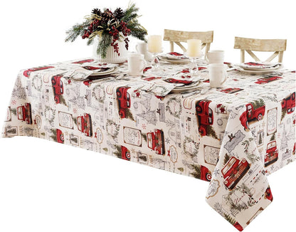 Christmas Pine Hill Tree Farm 52 X 70 Inch Rectangle Fabric Tablecloth, Nostalgic Retro Holiday Country Farm Truck No Iron and Stain Resistant Table Cover for Party, Banquet and Buffet