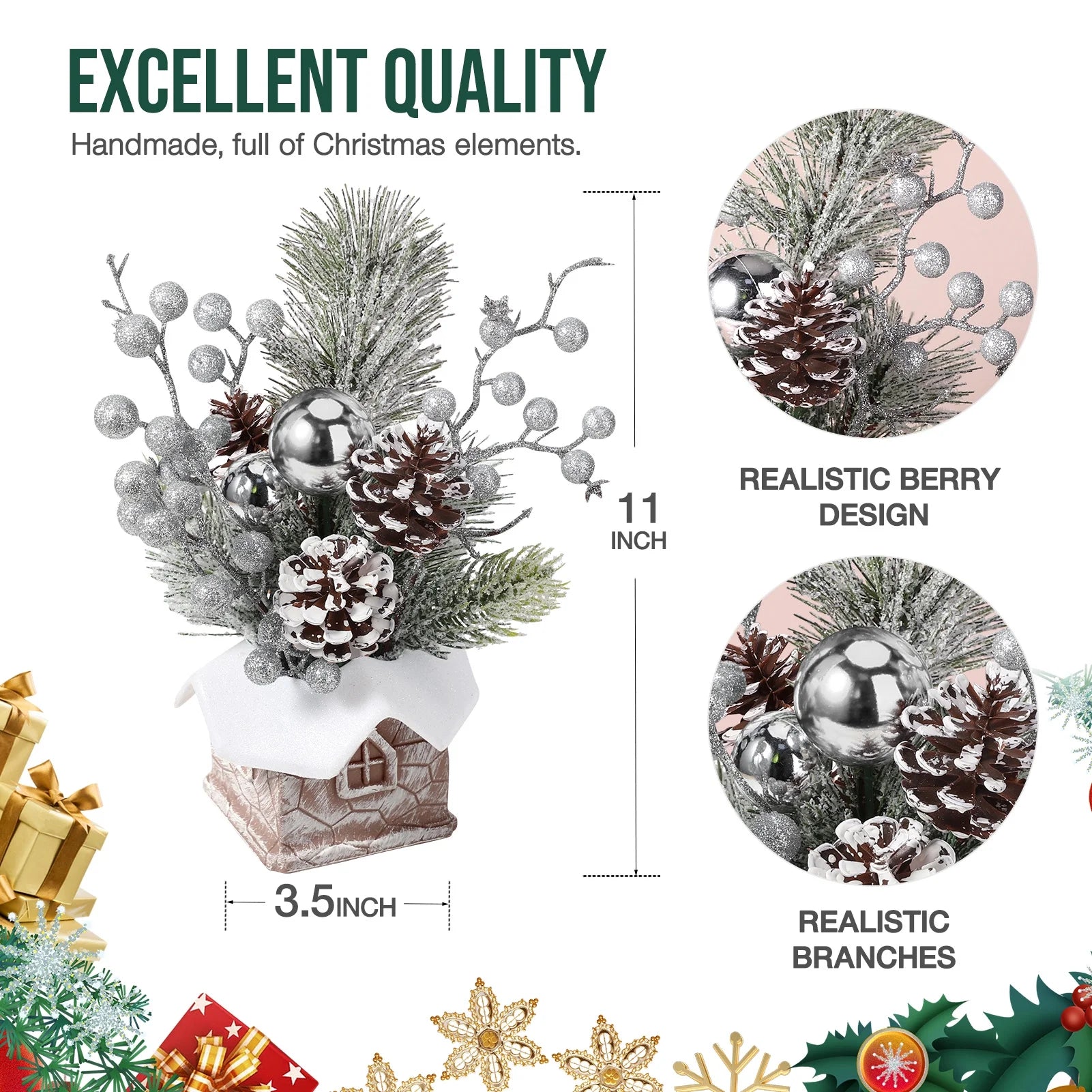 Small Christmas Tree, Artificial Mini Tabletop Christmas Decorations with Christmas Ornaments, for Home Party Thankgivings Christmas Decor Indoor, Silver