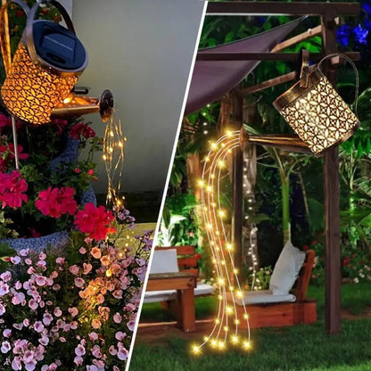 Hollow Wrought Iron Star Shower Lamp Solar Watering Can Fairy Light Garden Decoration Shower& Light Lawn Courtyard Decorations