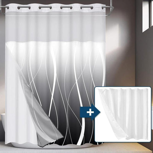 Alishomtll No Hook Shower Curtain with Snap in Liner, Modern Striped Hotel Shower Curtain and Liner Set, Ombre See through Shower Curtain with Window, Double Layer, Washable