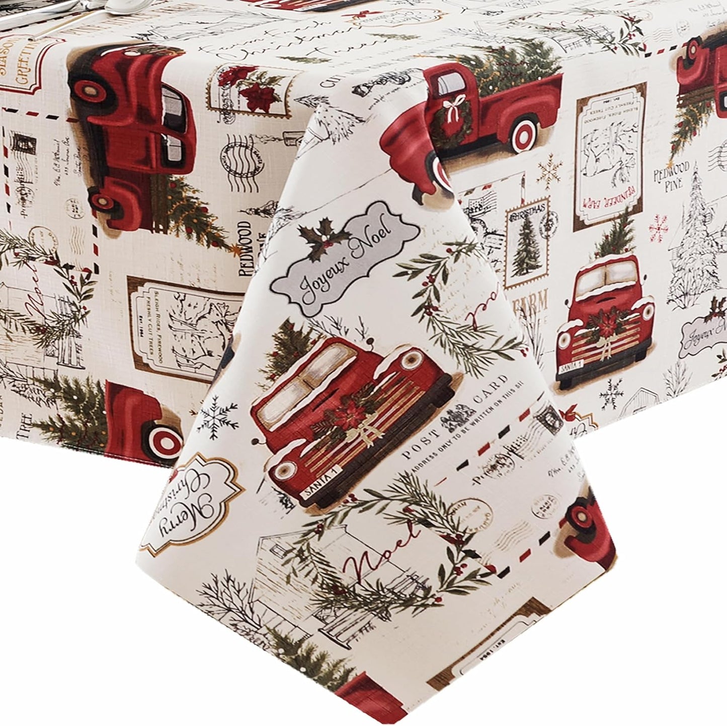 Christmas Pine Hill Tree Farm 52 X 70 Inch Rectangle Fabric Tablecloth, Nostalgic Retro Holiday Country Farm Truck No Iron and Stain Resistant Table Cover for Party, Banquet and Buffet