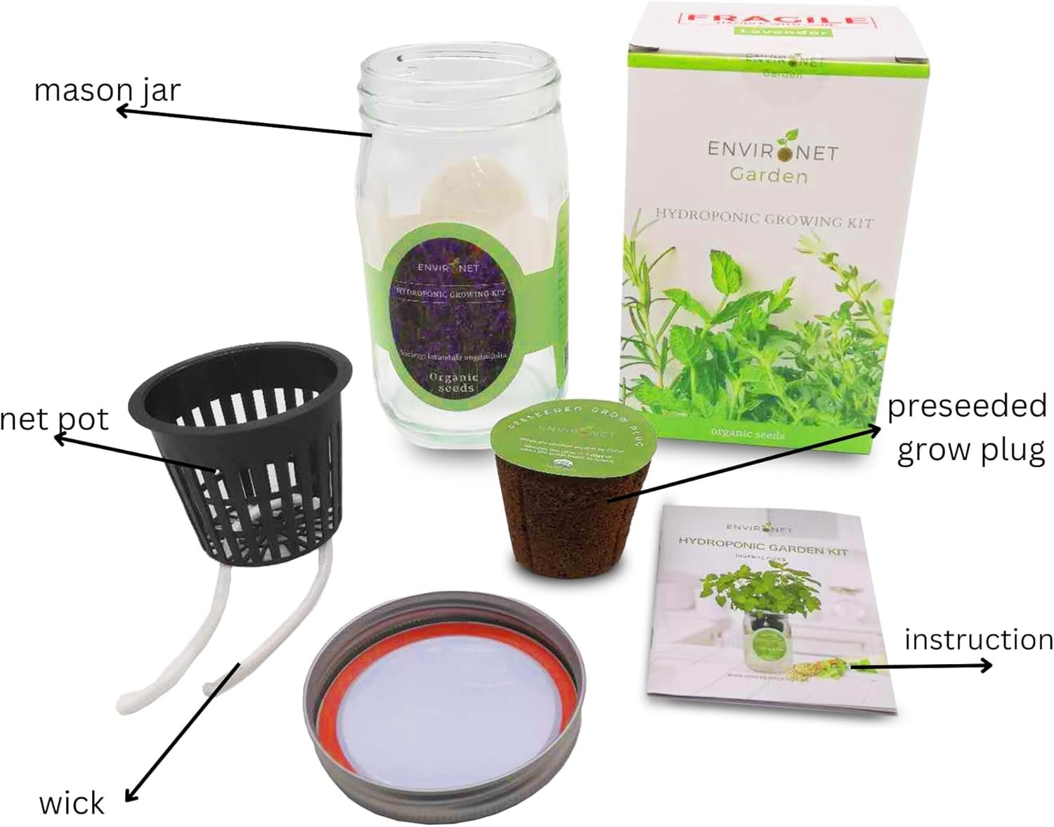 Hydroponic Herb Growing Kit, Self-Watering Mason Jar Herb Garden Starter Kit Indoor, Windowsill Herb Garden, Grow Your Own Herbs from Organic Seeds (Lavender)