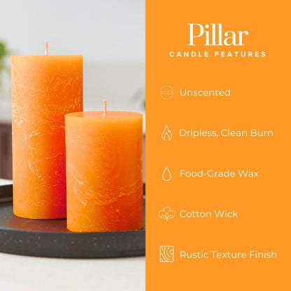 3X3 Inch Orange Candles Pillar, Fall Pillar Candles Set of 3, Rustic Texture, Unscented Orange Pillar Candles for Fall, Dripless Candles, 3 Inch Orange Candles, Fall Candles