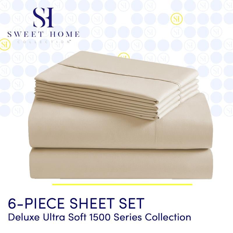 Extra Deep Pocket 6 Piece Sheet Set - Solid Double Brushed Microfiber, Hypoallergenic, Wrinkle Resistant Deep Pocket Bedding Sheets Hotel Sheets