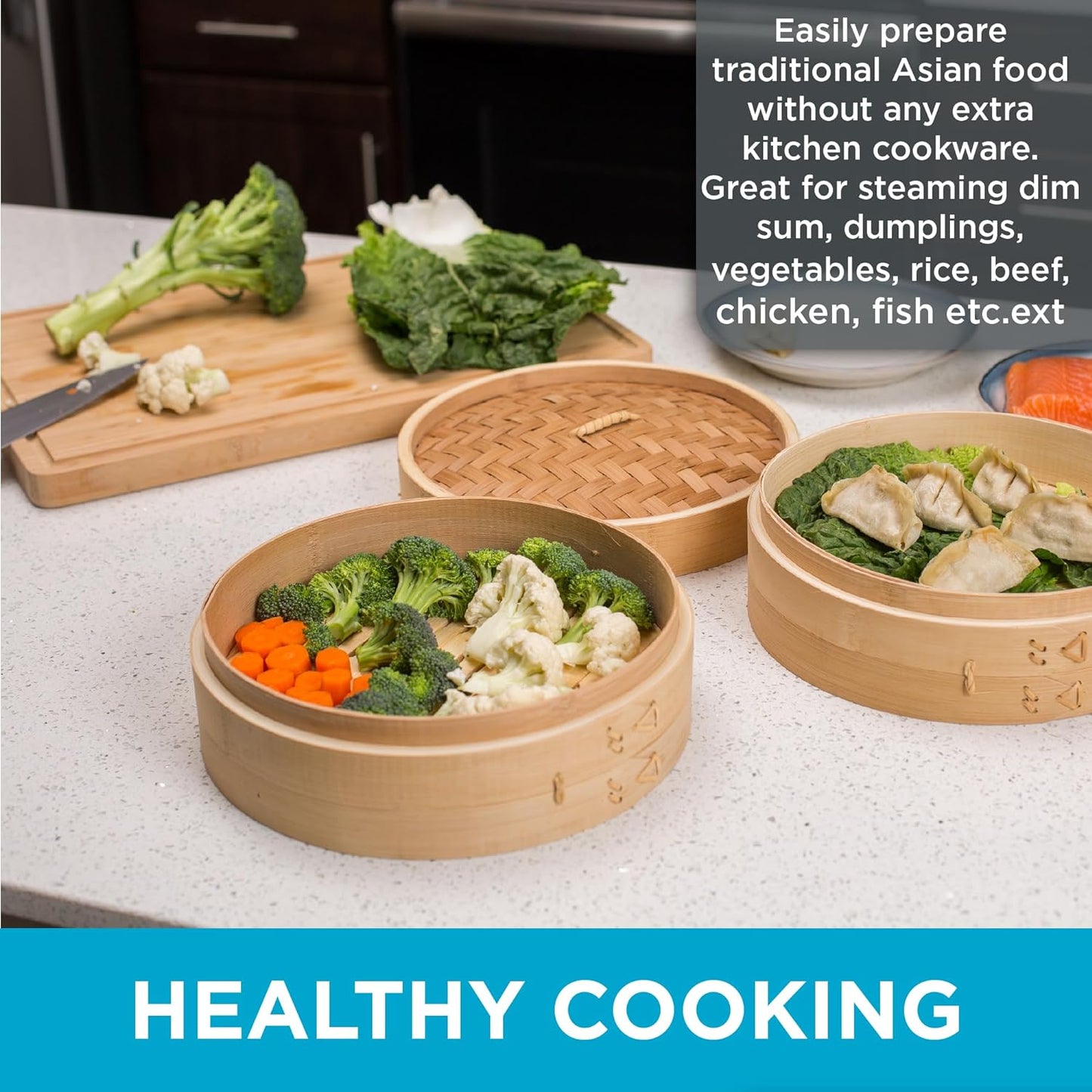 10-Inch Bamboo Steamer - Classic 2 Tier Design for Steaming Veggies, Dumplings, Dim Sum, Chicken, Fish, & Asian Food - Natural Eco-Friendly Steaming Basket, Ideal for Healthy Cooking