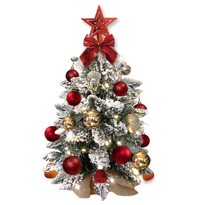 2Ft Mini Christmas Tree with Light Artificial Small Tabletop Christmas Decoration with Flocked Snow, Exquisite Decor & Xmas Ornaments for Table Top for Home & Office