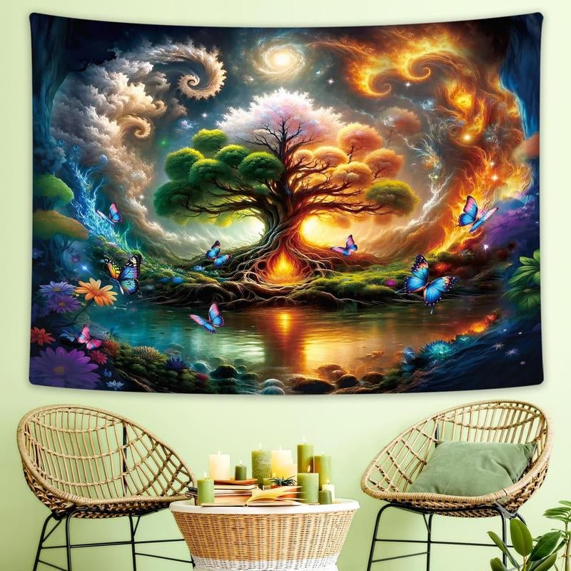 Butterfly & Tree Pattern Tapestry, Wall Hanging Decor, Wall Art Decor for Home Living Room Bedroom