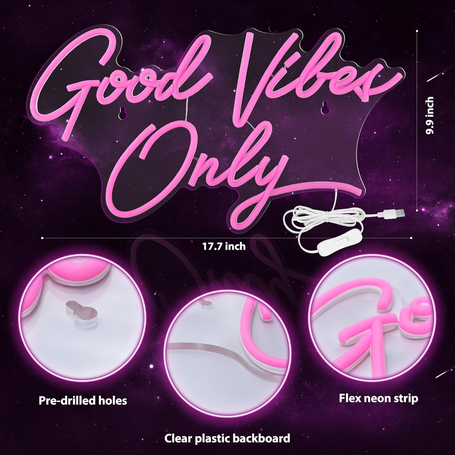 Good Vibes Only Neon Signs for Wall Decor | Pink Good Vibes Only LED Sign for Bedroom, Party, Bar, Salon - Best Gifts for Birthday, Christmas