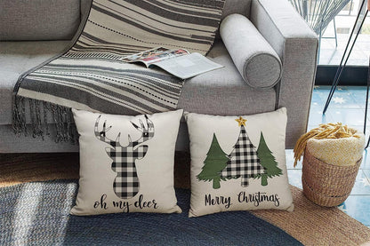 Christmas Buffalo Plaids Deer Christmas Tree Farmhouse Truck Noel Pillow Cover Throw Pillow Case Cushion Cover 16" X 16" Set of 4 Christmas Decorations (4 Pack Christmas Plaids)