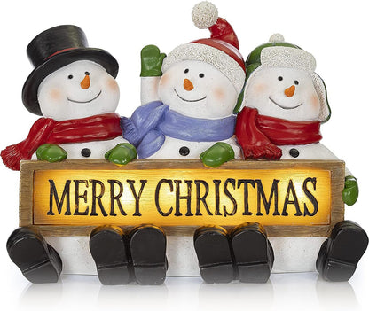 Glowing Merry Christmas Sign Trio LED Snowman Decor Christmas Figurines Resin Lighted Snowman Decorations Holiday Light up Snowman Indoor Festive Fiber Optic Decorations