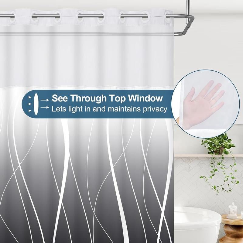 Alishomtll No Hook Shower Curtain with Snap in Liner, Modern Striped Hotel Shower Curtain and Liner Set, Ombre See through Shower Curtain with Window, Double Layer, Washable