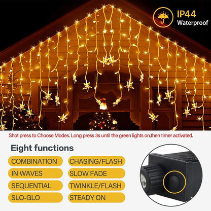 Christmas Lights Outdoor 400 LED 33Ft 8 Modes Christmas Decorations Indoor Curtain Fairy String Light with 75 Drops Stars, Curtain String Light for Christmas Lights Clearance Decor House Window Home