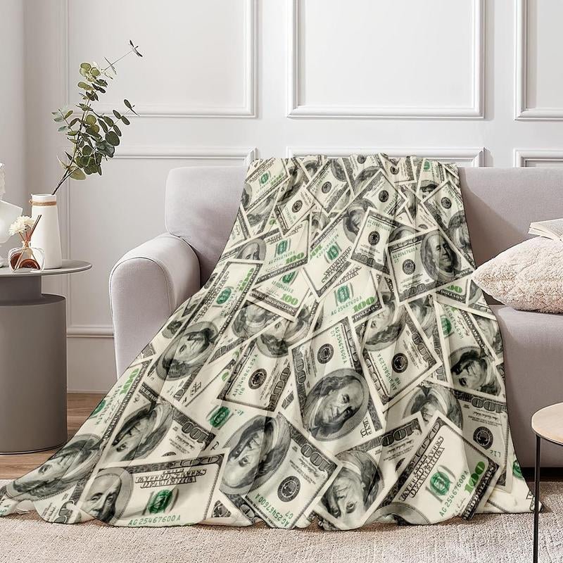 Money Pattern Flannel Blanket, 1 Count Soft Comfortable Throw Blanket, Creative Bedding Supplies for Living Room Guest House Travel Office, Bedroom Accessories