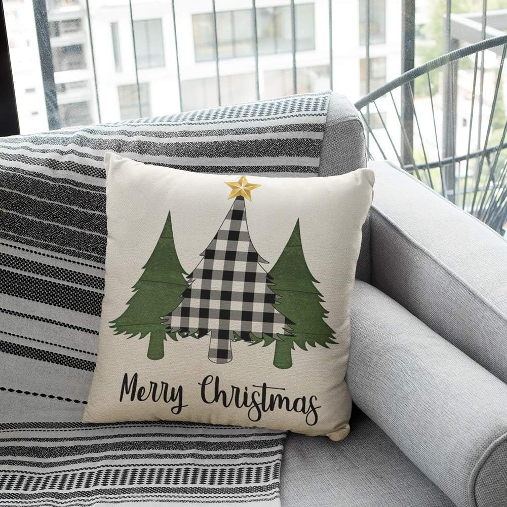 Christmas Buffalo Plaids Deer Christmas Tree Farmhouse Truck Noel Pillow Cover Throw Pillow Case Cushion Cover 16" X 16" Set of 4 Christmas Decorations (4 Pack Christmas Plaids)