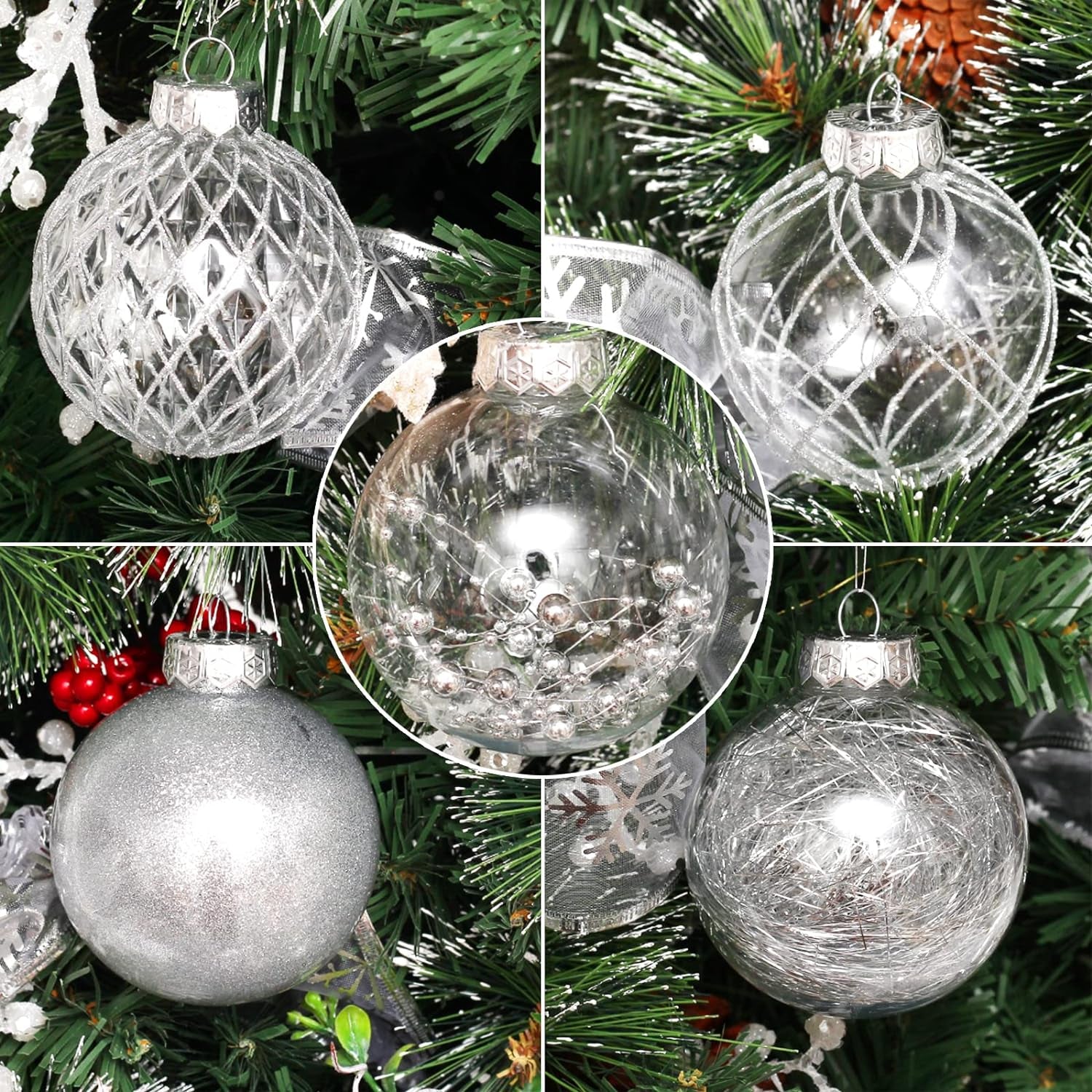 Clear Christmas Ball Ornaments, 30Ct Shatterproof Xmas Ball Decorations for Christmas Tree 2.36 Inch Silver Hanging Decorative Baubles Set with Dedicated Stuff for Christmas Wedding Party